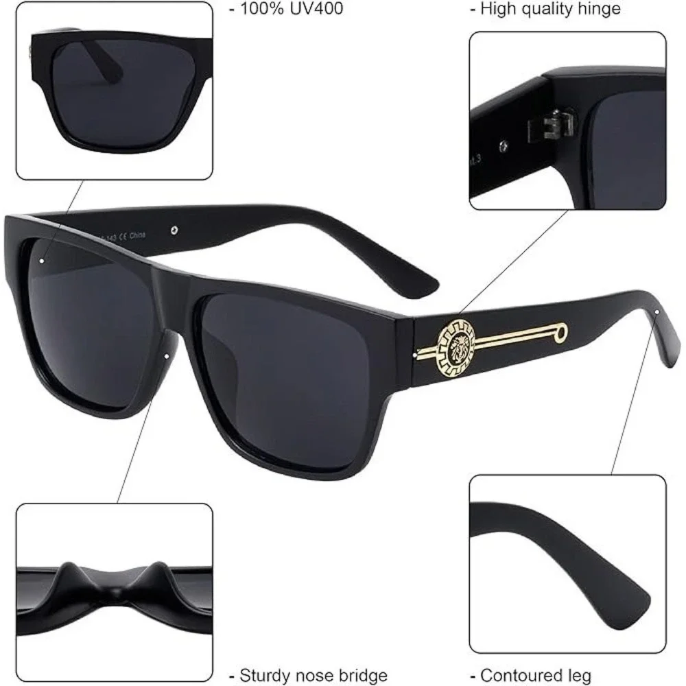 Sunglasses Dark Black Lens Frame Designer Style Men Street Wear UV400 Lentes New